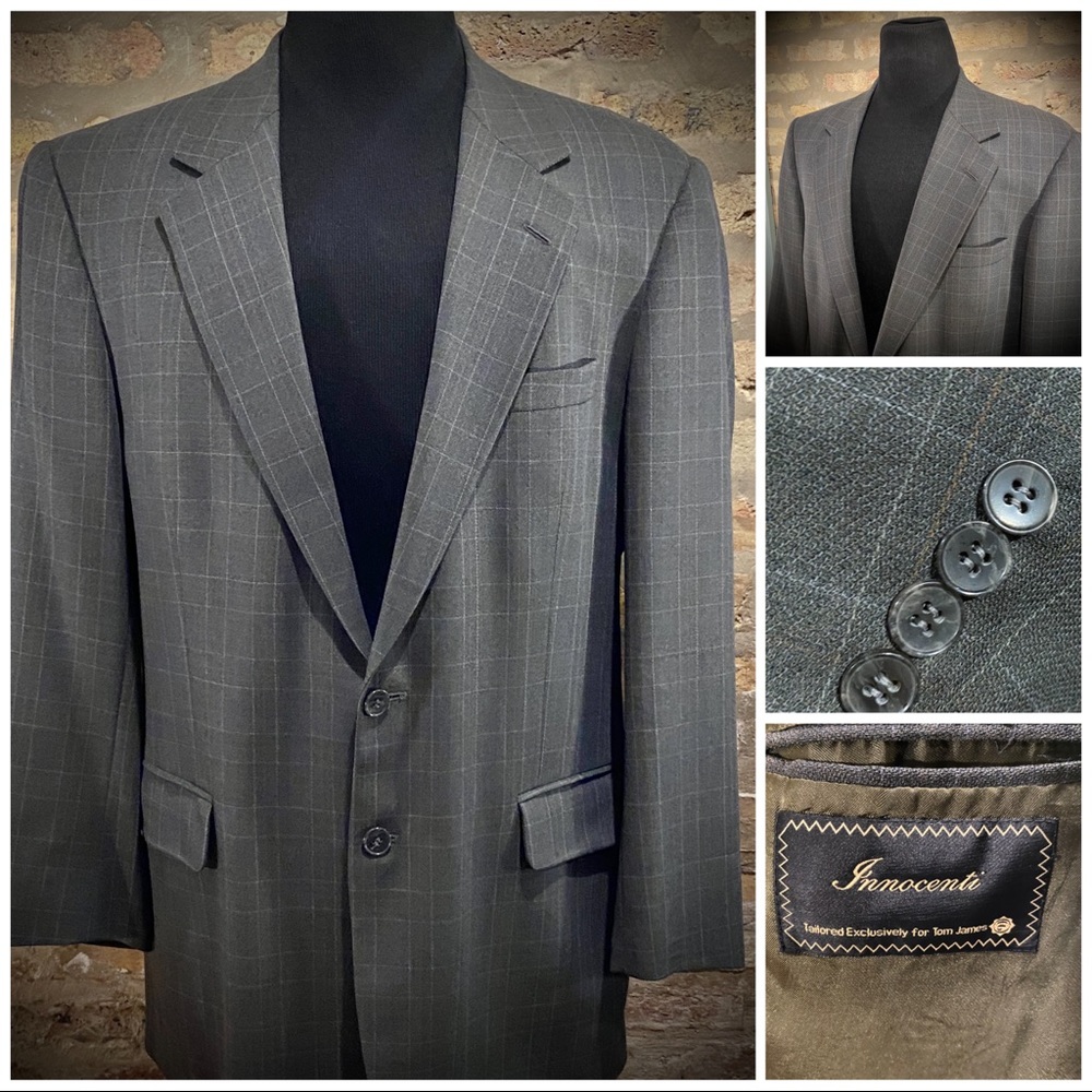 44L Innocenti for Tom James Gray Window Pane Blazer Jacket Sport Coat